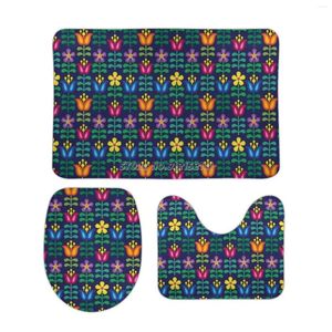 Bath Mats Scandinavian Folk Art Inspired Flowers Blue 3pcs Bathroom Set Carpet Anti Slip Toilet Pattern Rugs Seat Cover S