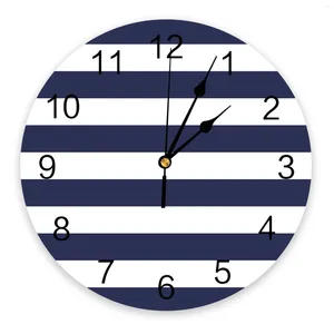 Wall Clocks Navy Blue White Stripes Large Kids Room Silent Watch Office Home Decor Hanging Gift