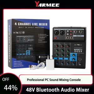 Mixer YARMEE 48V Bluetooth Audio Mixer Professional DJ Sound Mixing Console 4 Channels Sound Card For PC Phone Computer Small Party