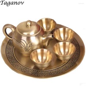 Teaware set lyxiga koppar te satt sexdel tekanna 4 koppar tallrik familje bröllop present vintage retro brons kinesiska