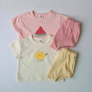 Shorts 2022 New Cute Lemon Print Girls Clothes Set Cotton Kids Tracksuit Children Boys Short Sleeve T Shirt Striped Shorts Outfits Suit