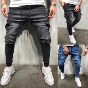 Kot pantolon pantolonlar düz renkli çok cepleri denim orta bel kargo artı fahsion rahat pantolon erkek günlük aşınma 240403