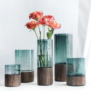 Vazolar Nordic Ins Işık Lüks Basit Ev Maden Ahşap Base Şeffaf Cam Vazo Çiçek Çiçek Düzenlemesi Yumuşak Dekorasyon