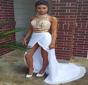 2019 Women Two Pieces Prom Dresses High Neck Gold Beads White Chiffon Slit Hi Lo Party Dress Evening Wear Teens Homecoming Gowns C9813039
