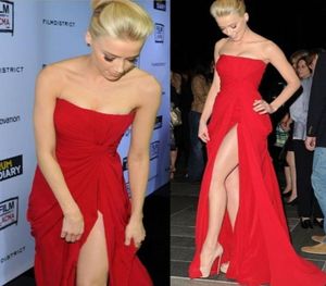 2019 Red Chiffon Falten Rüschen Festzugstil Promi -Kleider trägerloser Rückenless High Side Slit Sexy Abend Prom Kleider4044405