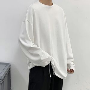 ゆるいスウェットシャツ男性ソリッドTシャツニュートラルストリートウェアファッション女性韓国服コットンプルオーバー長袖Tシャツ男240403