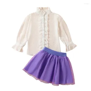 ملابس ملابس Kid Girl Spring 2pcs الزي السويسري نقطة شبكة طويلة الأكمام قميص Tulle A-Line Skirt