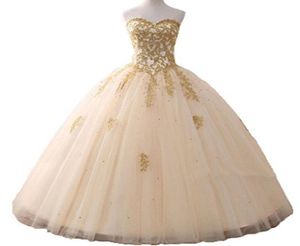 2021 Stock Gold Applikes Ballkleid Quinceanera Kleid Sparkle Kristall Tüll Floorloch Sweet 16 Debutante Prom Party QC11227756642