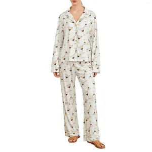 Home Clothing Damen 2 -teils lässiges Pyjama Set Long Sleeve Revers Button Up Hemd Weinglas Druckhosen Nachtwäsche Sets Sets