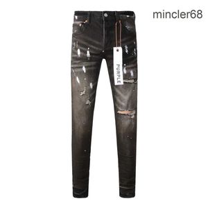 Mode hochwertige lila Markenjeans mit High Street Distressed Black Repair Low -Rise Skinny Denim Hosen