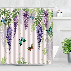 Cortinas de chuveiro tecido impermeável banheiro flores roxas de wisteria planta borboleta impressão de padrões de decoração nórdica moderna cortina