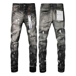 New Arrival Purple Brand Men High Street Black Denim Slim Fit Paint Graffiti Pattern Damaged Hole Stretch Ripped Jeans Trousers