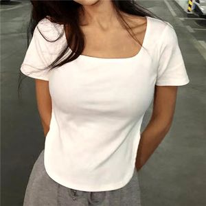 Camiseta de manga curta grande Camiseta feminina verão 2023 novo gordo mm desejando puro pescoço quadrado slim fit irregular tops de fundo curto