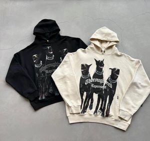 Designer 21FW Hoodie Hound Doberman High Street Loose Washing Old Flocked Hooded Sweater2443080