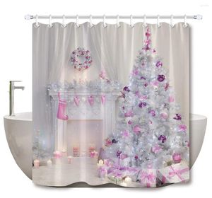 Shower Curtains Christmas Tree Ball Ornaments Gift Box Fireplace Curtain Set
