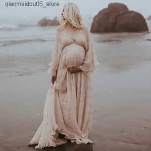 Maternity Dresses Lace pleated pregnant woman photography props long dress baby shower pregnant woman photos V-neck chiffon bride dress wedding dress Q240413