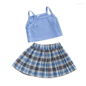 Roupas Conjuntos de roupas Girl Summer 2 Peça Conjunto de pescoço quadrado Spaghetti Strap Waffle Tops Cantura elástica da saia presa de calça infantil