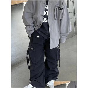 Trousers Children Clothing Boys Handsome Fl Length Solid Color 2024 Fashionable Spring Korean Style Black Zipper Pocket Cargo Pants Dr Otagw