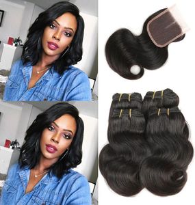 Cabelo da Malásia Onda 4 Pacotes com fechamento de renda 100 Pacéis de tecedão de cabelo humano com extensões de cabelo curto de fechamento Colo3461167