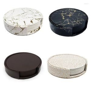 Table Mats 6PCS PU Leather Marble Drink Coffee Cup Mat With Storage Base Easy To Clean Placemats Round Pad Holder Home Decor