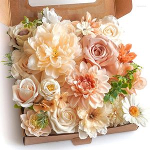 Dekoratif çiçekler yan yapay ipek köpük kombo kutu seti şeftali pembesi için sapları ile DIY düğün buketleri parti merkezinde dekorasyon