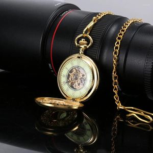 Pocket Watches Men Women Mechanical Watch Golden Hollow esculpido com corrente