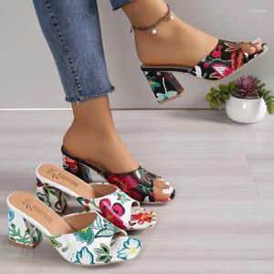 Slippers Summer High Heels Women Mules Print Flower Open Toes Ladies Sweet Sandals Chunky Fish Mouth Plus Size 43