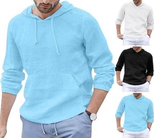 T -shirt Men Summer Streetwear Retro Cotton Linen Hooded Pocket Långärmade män Tshirt Camisetas Hombre Plus Size M3XL258C1043533