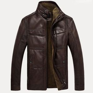 Jacket Fleece Stand Collar Long Sleeve Men Faux Leather Warm Lined Zip Short Jacket