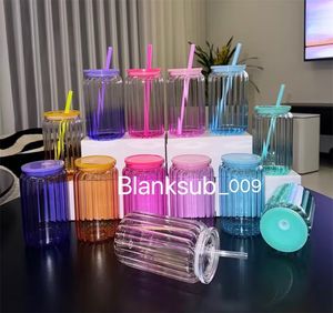 16oz sublimering randig glasmugg med färgat plastlock värmeöverföring tumbler glas kan ölmugg dricka glas