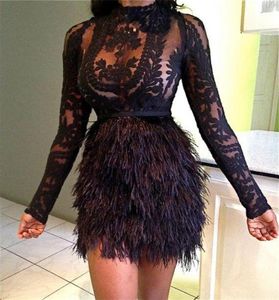 Design Fashion Christmas Feather Cocktail Dresses Black Celebrity Evening Dresses Mini Long Hleeves Short Party Prom Dress8041025