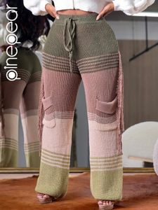 PINEPEAR O outono de inverno de crochê colorido de malha de malha calça de borla Mulheres bolsos de cintura alta Ferras de suéter solto casual 240410