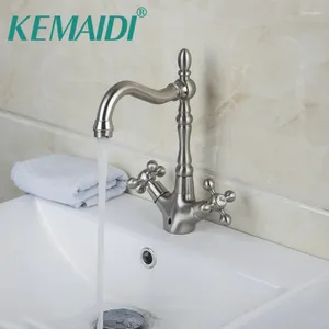 Torneiras de pia do banheiro kemaidi sólido níquel de níquel de níquel e torneira fria torneira de torneira 2 alças da bacia