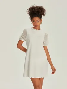 Casual Dresses Wsevypo Elegant White Summer Short Dress for Work Office Daily Women Dame Puff Sleeve Crewneck Ruffle Hem Mini