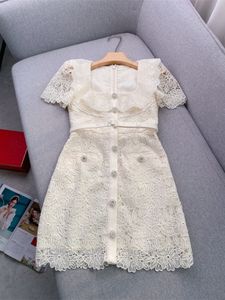 Spring Summer Ivory Floral Lace Belted Dress Short Sleeve Scoop Neckline Embroidery Single-Breasted Casual Dresses J4A121644