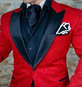 Skräddarsydda män kostymer rött mönster och svart brudgum tuxedos sjal satin lapel groomsmen weddingprom man jacka pantsbow tie6699852