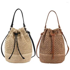 Drawstring Summer Straw Beach Crossbody Çantalar Dokuma Messenger Çantası Ayarlanabilir Kayış Moda Hafta Sonu Tatil için Taşınabilir Zarif