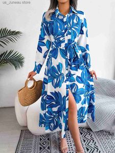 Grundläggande avslappnade klänningar 2023Spring Summer Skinny Long Dress Women Elegant Vintage Print Shirt Skjorta Casual Lapel Button Slit Soe Up Long Slve Maxi Vestidos 1 T240415