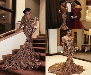 2018 New Luxury Gold Black Prom Dresses Mermaid Off Shoulder Sexy African Prom Gowns Vestidos Special Ouches Dresses InveasWea1719913