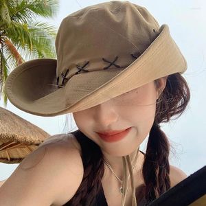 Berets Japanese Western Cowboy Hat Women's Summer Big Brim Camping Cap Men's Head Sun Protection Casual Lace-up Bucket Hats