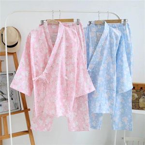 Hemkläder Två bit Set Pyjamas kostym Kimono Robe Tops och Shorts Print Cotton Spring Summer Pyjamas For Women Nightie Sleepwear Pink Blue