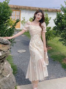 2024 Summer New Chiffon Flower Embroidered Square Neck Style Splicing Irregular Waist Slimming A-line Skirt