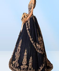 2021 sexy navyblau Bling Quinceanera Kleider Ballkleid von Schulter Gold Stickerei Spitze Kristallperlen Pailletten süße 16 Vestido 6060096