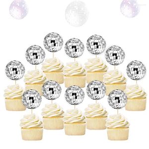 Festliga leveranser 12st/set disco boll cupcake toppers dekor plockar silver spegel 3d tårta 70s 80 -tals teman dekorationer
