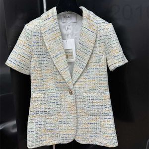 여자 재킷 디자이너 24 이른 봄 새 Nanyou Cha 프랑스 유명인 작은 향기 스타일 정장 칼라 더블 포켓 컬러 블록 니트 짧은 슬리브 코트 V918