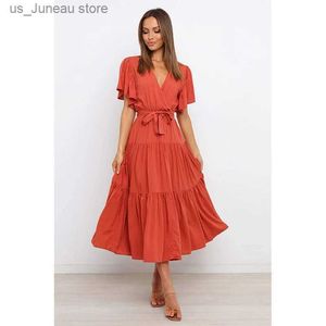 Podstawowe sukienki swobodne kobiety szyfonowe sukienka 2022 Summer koronki motyl Slve Casual Ruffle V-determ Party Vestidos Sexy Bohemian Srabe Femme 1 T240415