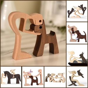 Family Puppy Wood Dog Craft figur Desktop Table Ornament Carving Model Home Office Decoration Pet Sculpture Christmas Gift 240409