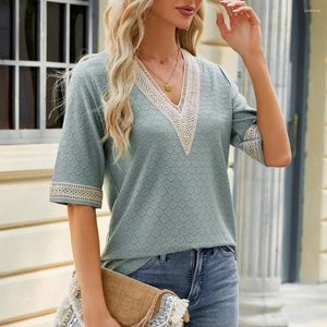 Women's Blouses Three-quarter Sleeve V-neck Top Golden Lace T-shirt For Women Streetwear Tops With Loose Fit Short Pullover Style