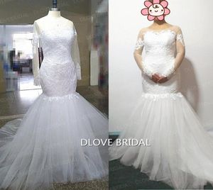 Neuankömmlinge romantische Spitze Tulle Meerjungfrau Brautkleider mit langen Ärmeln Illusion durch das Brautkleid sexy Vestido de Novia R1780686