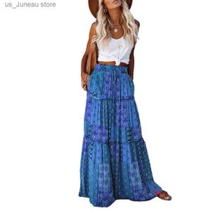 Gonne donne maxi gonna elastico corede in alto in vita grande orlo grande orlo a-line patchwork pieghevole pieghevole boho etnic stampare gonna per vacanza 1 t240415